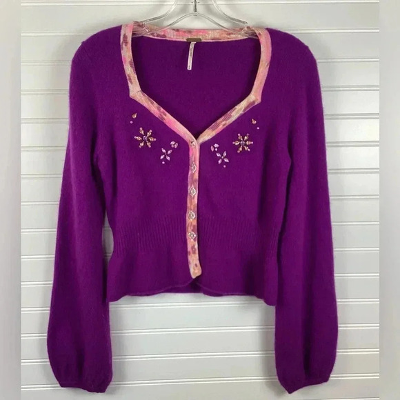 Free People Sweater Cardigan Medium Purple Wool Blend Rhinestone Embellished - Picture 7 of 10